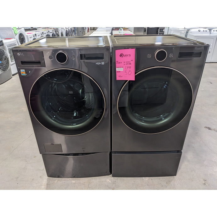 214389-NEW-Black-LG-FRONT LOAD-Laundry Set-With Pedestal Washer